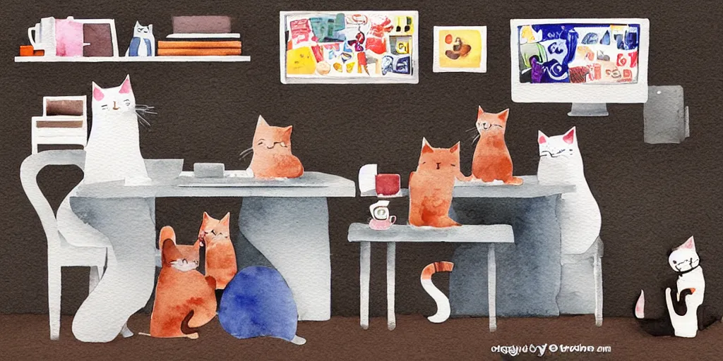 Image similar to watercolor illustration style, cute! cats watch the news on computer monitor