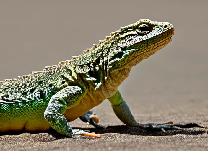 Image similar to a lizard out in the beach while looking into a sliced melon in front of it