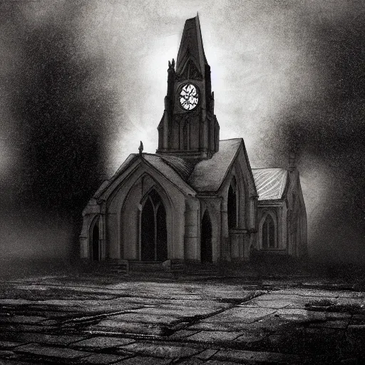 Image similar to victorian church in the middle of the city, dark, misty, at night, 8 k, detailed, concept art, trending on artstation