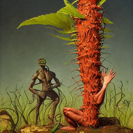 Prompt: Ripped Physique Portrait of a Venus Flytrap Guy wearing a Venus Flytrap costume plant disguised as a human standing atop a red clay pot greg rutkowski anna podedworna arthur rackham salvador dali octavio ocampo jacek yerka winslow homer norman rockwell inio asano prismacolor tombow quill