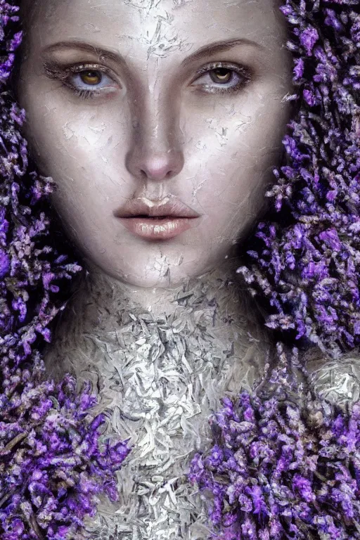 Image similar to hyperrealism close - up mythological portrait of a exquisite medieval woman's shattered face partially made of lavender flowers in style of art deco, wearing silver silk robe, dark palette