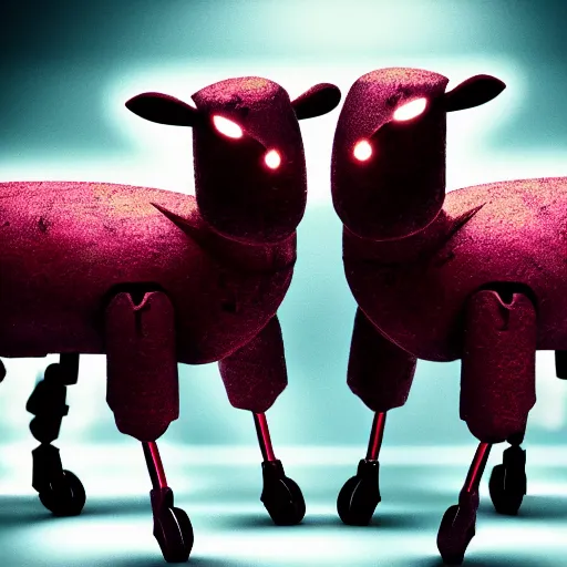 Image similar to robotized cult of lamb, colorful, dark, arstation, concept art, cinematic lighting, high detail,