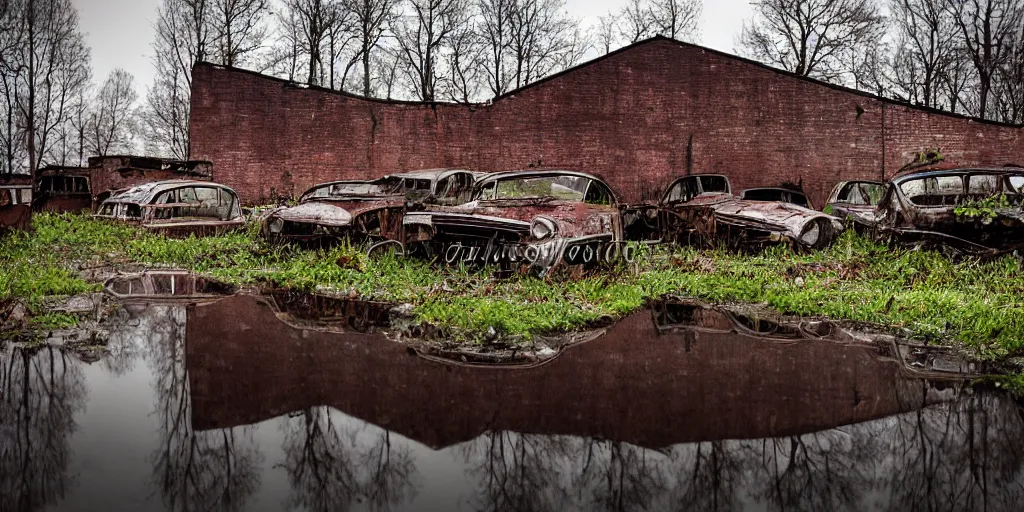 Image similar to an old decayed factory with holes in the roof where rain is leaking and puddles on the floor show reflections of 1 9 2 0's abandoned cars left to rot in an overgrown field, rusty