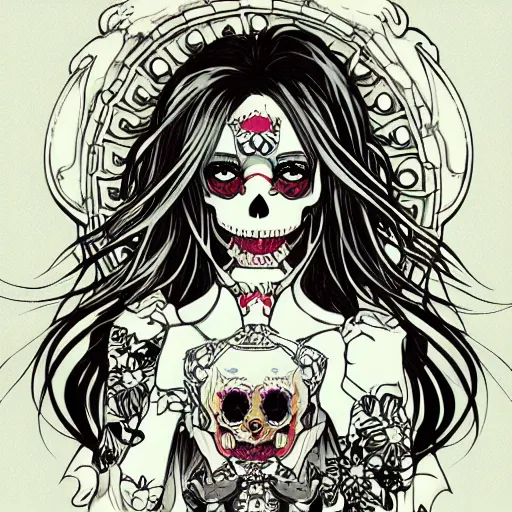 Prompt: anime manga skull portrait girl female tattoos skeleton illustration detailed style by Alphonse Mucha pop art nouveau detailed pattern