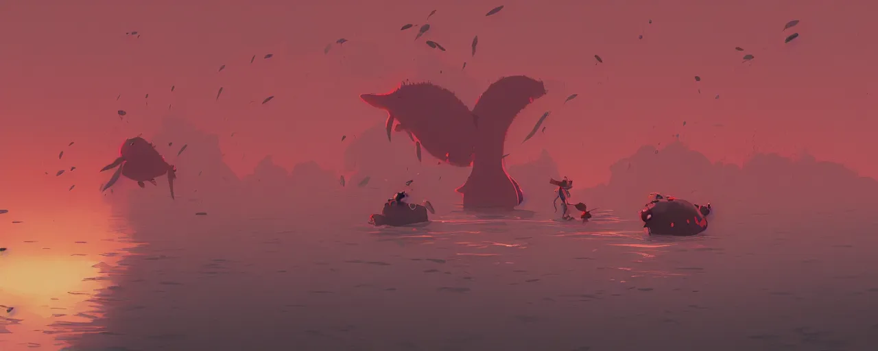 Prompt: piranhas swarming, blood in the water, atey ghailan, goro fujita, studio ghibli, rim light, terrifying, red tint, dark lighting, clear focus, very coherent