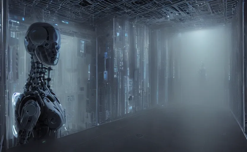 Image similar to extremely detailed cinematic movie still 3 0 7 7 foggy portrait shot of a robot in an endless data centre by denis villeneuve, wayne barlowe, simon birch, marc simonetti, philippe druillet, beeple, bright volumetric sunlight from small windows, rich moody colors