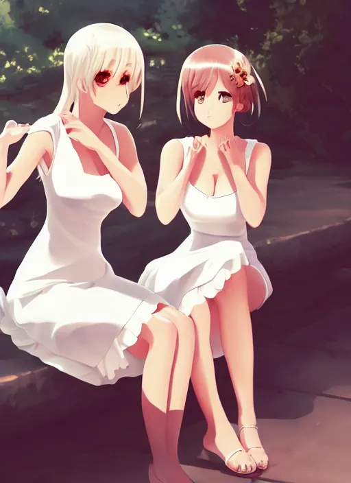 Prompt: two beautiful mothers sitting on a hot summer evening, white dress, gorgeous faces, thick lines, cinematic lighting, detailed anime art,