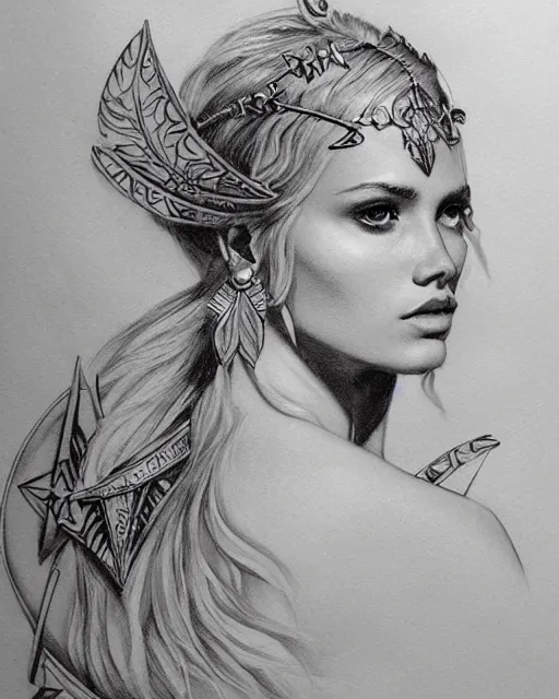 Image similar to tattoo design sketch of cute beautiful blonde super model as aphrodite greek goddess wearing a gold laurel wreath and triangle earrings, beautiful piercing gaze with sharp pupils, in the style of greg rutkowski, fantasy, amazing detail, epic, elegant, smooth, sharp focus, front view