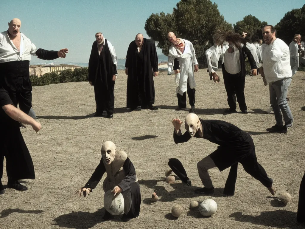 Image similar to nosferatu is playing petanque balls with one french fat dudes in south of france