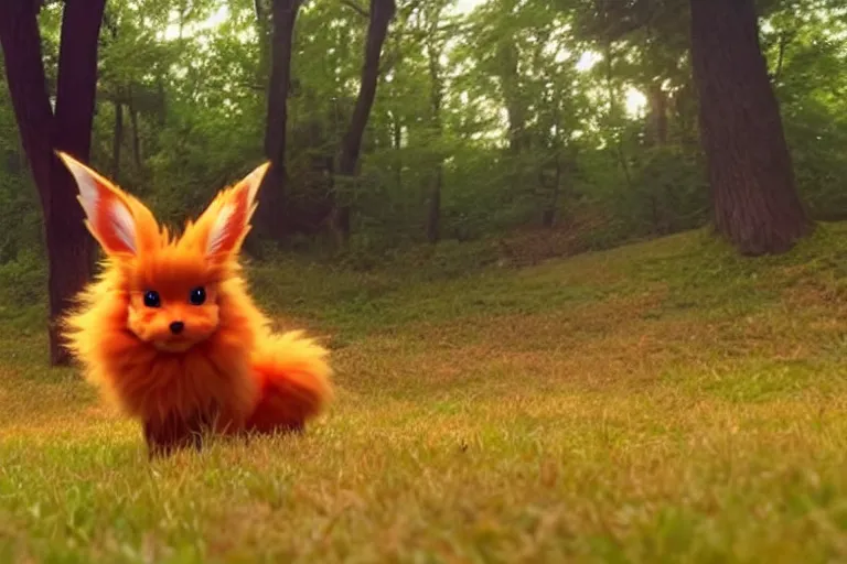 Image similar to real life flareon pokemon, cute!!!, heroic!!!, adorable!!!, playful!!!, fluffly!!!, happy!!!, cheeky!!!, mischievous!!!, ultra realistic!!!, autumn, clear weather, ( golden hour ), sharp focus
