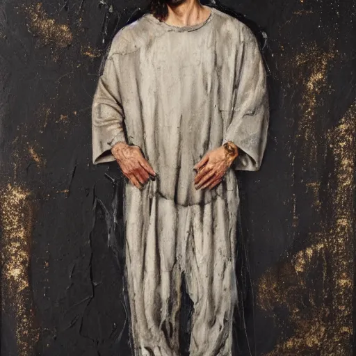 Prompt: a full body portrait of modern day jesus wearing yeezy menswear collection by nicola samori, oil painting, smudges, realistic, 8 k, yeezy collection