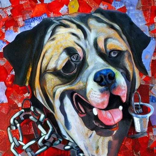 Image similar to mad dog on a chain, collage, acrylic on canvas, breathtaking detailed