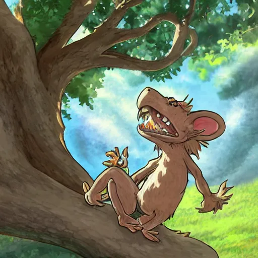 Prompt: A cute kobold is enjoying the sweet summer air under the shade of a great oak tree in summer. Ghibli style character focused artwork.