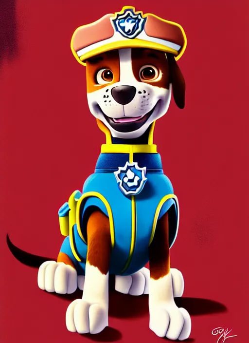 Image similar to highly detailed closeup of chase from paw patrol, puppy with police uniform and hat by atey ghailan, by greg rutkowski, by greg tocchini, by james gilleard, by joe fenton, by kaethe butcher, gradient, red, gold, black, brown and white color scheme, grunge aesthetic!!! white graffiti tag wall background