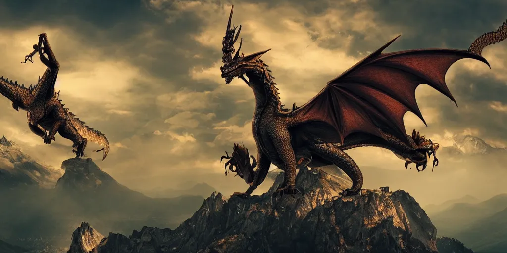 Image similar to A dragon with half open wings on the top of a mountain, epic composition, detailed and intricate image, cinematic, 4K