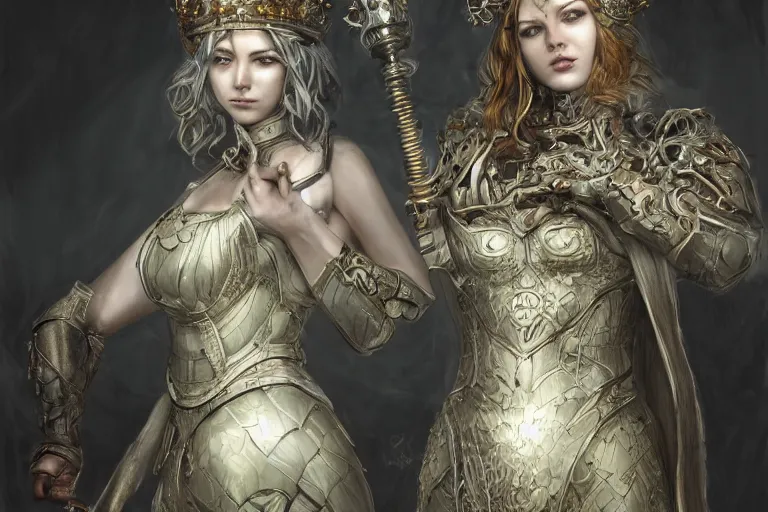 Prompt: restoring the world as an artificer wearing a crown and steel vest and drapery holding a fractal saber by artgerm and wlop and scott fischer and seb mckinnon, digital art, highly detailed, upper torso, wide shot, intricate, fantasy, mystical, sharp focus, Trending on Artstation HQ, deviantart, unreal engine 5, 4K UHD image