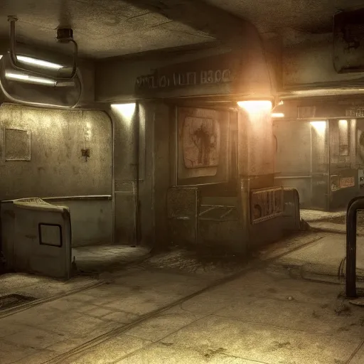 Image similar to fallout concept art subway interior render grim realistic lighting unreal engine 5