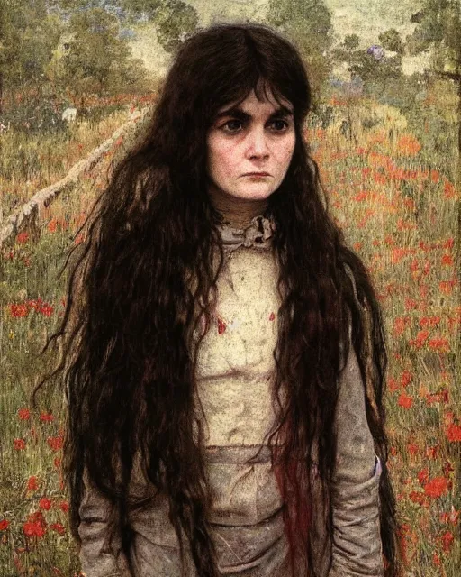 Prompt: a beautiful but sinister girl who looks like a young shirley henderson in dead space, with haunted eyes and crazy hair, horrifying, 1 9 7 0 s, seventies, delicate embellishments, a little blood, crimson, painterly, offset printing technique, by jules bastien - lepage