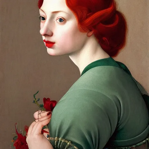 Prompt: a highly detailed portrait, red haired young woman, gorgeous dress with intricate details, long hair, green eyes, hint of freckles, round gentle face, cheeky smile with red lips, deep focus, smooth, sharp, golden ratio, elegant, digital painting by artemisia lomi gentileschi, caravaggio and artgerm