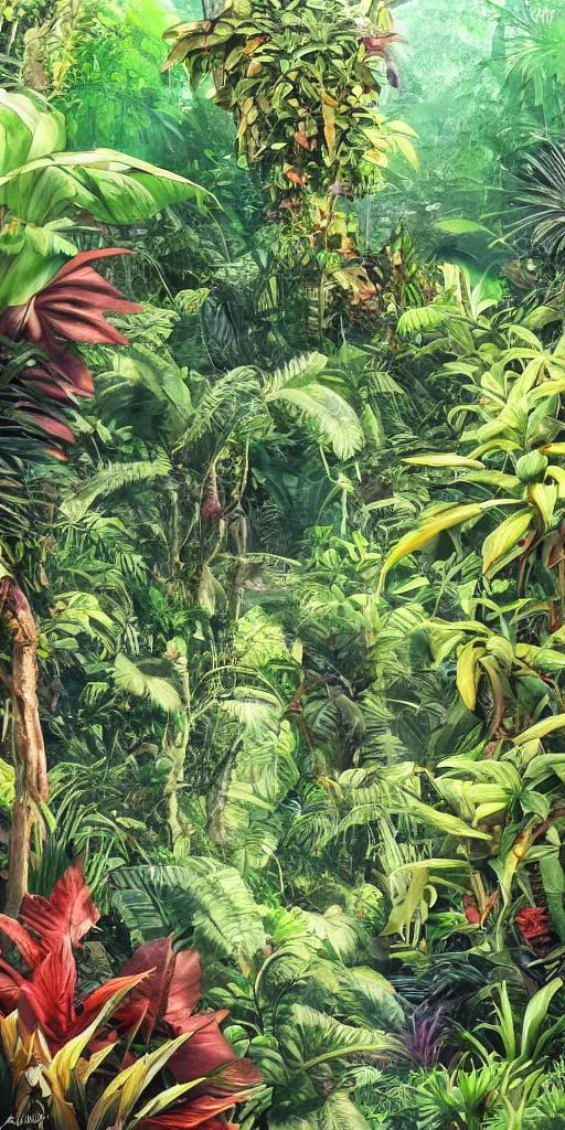 Prompt: deep in the jungle with exotic plant life, tropical plants, natural botanical gardens, vines, acrylic painting, artstation, concept art, award winning,