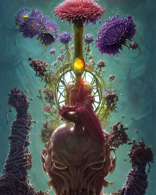 Image similar to the platonic ideal of flowers, rotting, insects and praying of cletus kasady carnage thanos nazgul doctor manhattan chtulu mandelbulb ponyo bioshock davinci heavy rain, d & d, fantasy, ego death, decay, dmt, psilocybin, art by artgerm and greg rutkowski and alphonse mucha