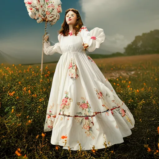 Image similar to a wonderful queen dressed with a large soft and decorate majestic roses cotton dress that is running in the wind, dramatic light, octane--8k