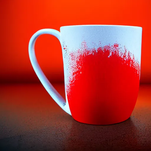 Image similar to photorealistic professional photography of a mug filled with red, opaque slime, taken in a professional studio.