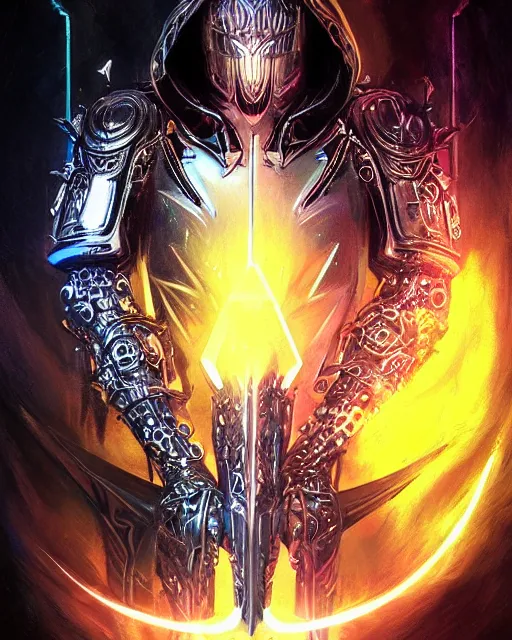 Prompt: the omnipotent assassin, vivid award winning digital artwork, intricate black sharp iridescent hooded semi - cybernetic armour, beautiful iridescent colors technology and weapon, long symmetric spikes, glowing face, detailed realistic, specular colors, ornate colored gems, character art by greg rutkowski and wlop and artgerm