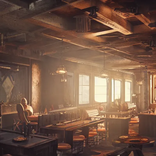 Image similar to ultra mega super hyper realistic Digital concept interior design of Cyberpunk tavern mixed with medieval style. Natural sunlight from the transperient roof . Rendered in VRAY and DaVinci Resolve and MAXWELL and LUMION 3D, Volumetric natural light