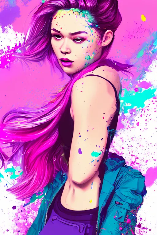 Image similar to a award winning half body portrait of a beautiful woman in a croptop and cargo pants with ombre purple pink teal hairstyle with head in motion and hair flying by artgerm, paint splashes, splatter, outrun, vaporware, shaded flat illustration, digital art, trending on artstation, highly detailed, fine detail, intricate