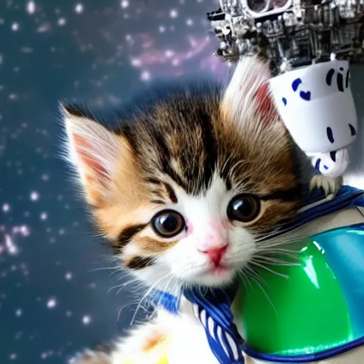 Prompt: a cute kitten riding on a rocket in space