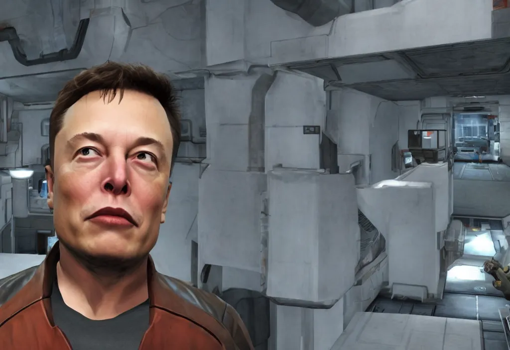 Image similar to elon musk in half life, elon musk in the video game half life, gameplay screenshot, close up, 3 d rendering. unreal engine. amazing likeness. very detailed.