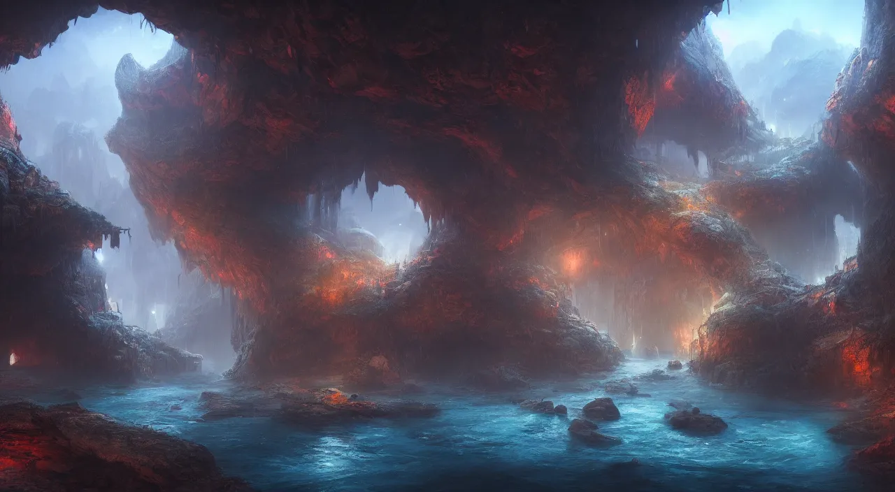 Image similar to A highly detailed 4K fantasy matte painting of city inside cave built around a long river. ArtStation, CGSociety, Unreal Engine, concept art, red and blue color scheme.