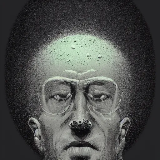 Image similar to A Black background portrait of a man with an exploding head by Zdzisław Beksiński and Ilya Repin,In style of Japanese comics.digital illustration,Ray tracing,hyper detailed,sharp focus,4k