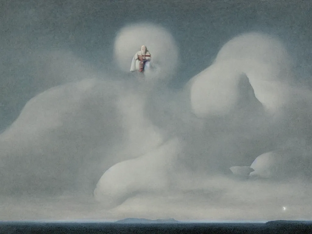 Image similar to albino mystic, with his back turned, looking at a snowstorm over the iceberg in the distance. Painting by Jan van Eyck, Audubon, Rene Magritte, Agnes Pelton, Max Ernst, Walton Ford