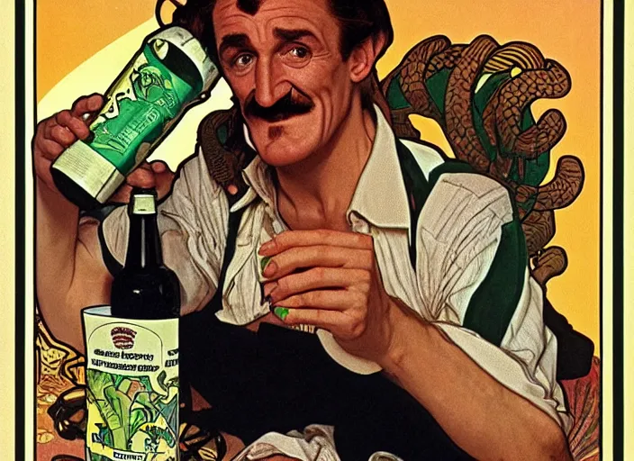 Image similar to barry chuckle drinking a bottle of snake oil, snake oil advertisement from 1 9 8 8, artwork by alphonse mucha and richard corben, 3 d, high resolution 8 k