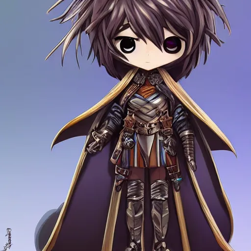 Image similar to “A detailed stunning and beautiful anime woman with brown flowing hair, long blue-cape, decorative leather armor, great proportions, excellent detail, surrounded by a catacomb of books, high quality, Full-body character portrait, trending on artstation, by POP FUNKO”