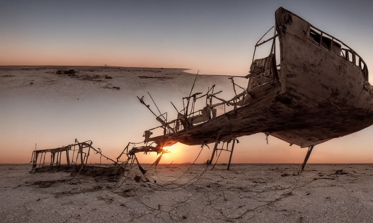 Image similar to an abandoned ship in the aral sea desert, setting sun, photorealistic, 4k, 8k, very detailed