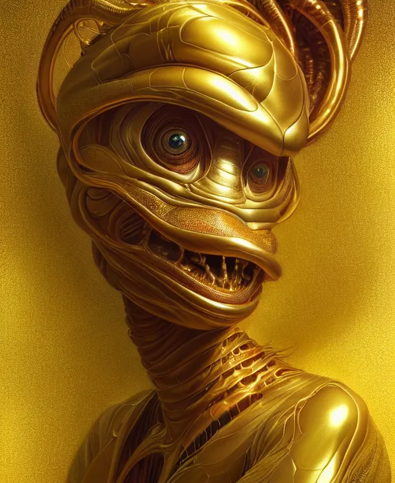 Image similar to intricate golden portrait of a disturbing beautiful alien snake creature, mottling coloring, adorable, childlike, medical equipment hospital environment, ultra realistic, concept art, art nouveau, photorealistic, octane render, 8 k, unreal engine. art by christopher marley and artgerm and greg rutkowski and alphonse mucha