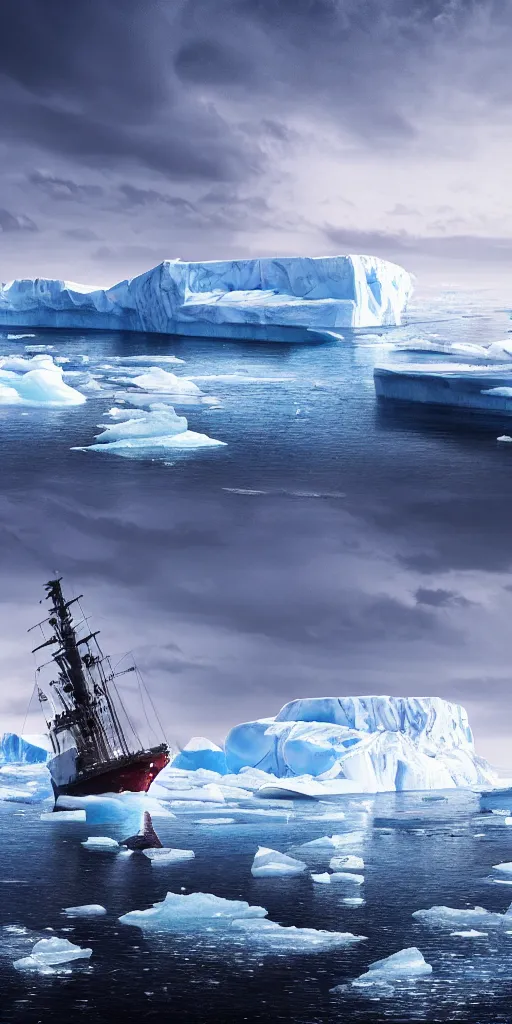 Prompt: ship in turbulent waters in antartica, icebergs in the background, hyper realistic, highly detailed, digital art, apocalyptic, intimidating lighting, raytracing, sharp focus, smooth, romanticism