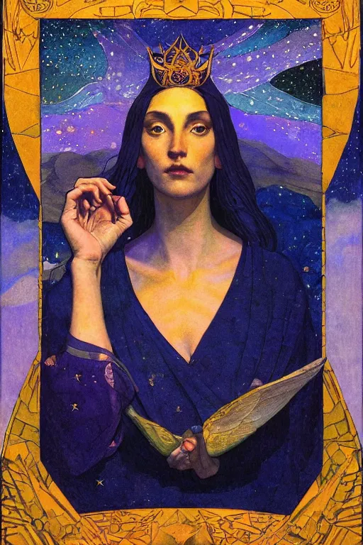 Image similar to queen of the moon with stars in her hair, by nicholas roerich and annie swynnerton and donato giancola and dulac, dramatic lighting, god rays, geometric tattoos, rich colors, smooth sharp focus, extremely detailed, leo and diane dillon, adolf wolfli