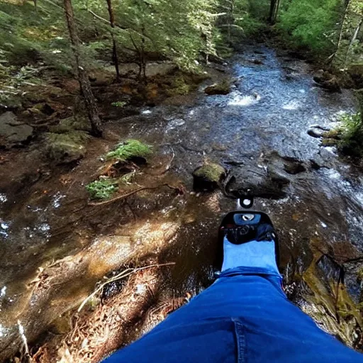 Prompt: go - pro drone shot of big foot crossing a stream