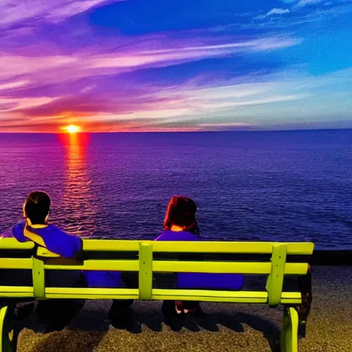 Image similar to a photo of a couple sitting on a park bench looking at a beautiful purple and yellow sunset over the ocean. The sky is green