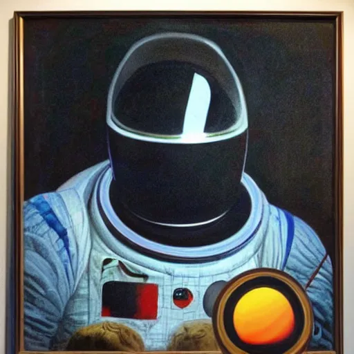 Prompt: a portrait of Dave from 2001 a space odyssey, in his spacesuit, masterpiece, oil painting, frank frazetta