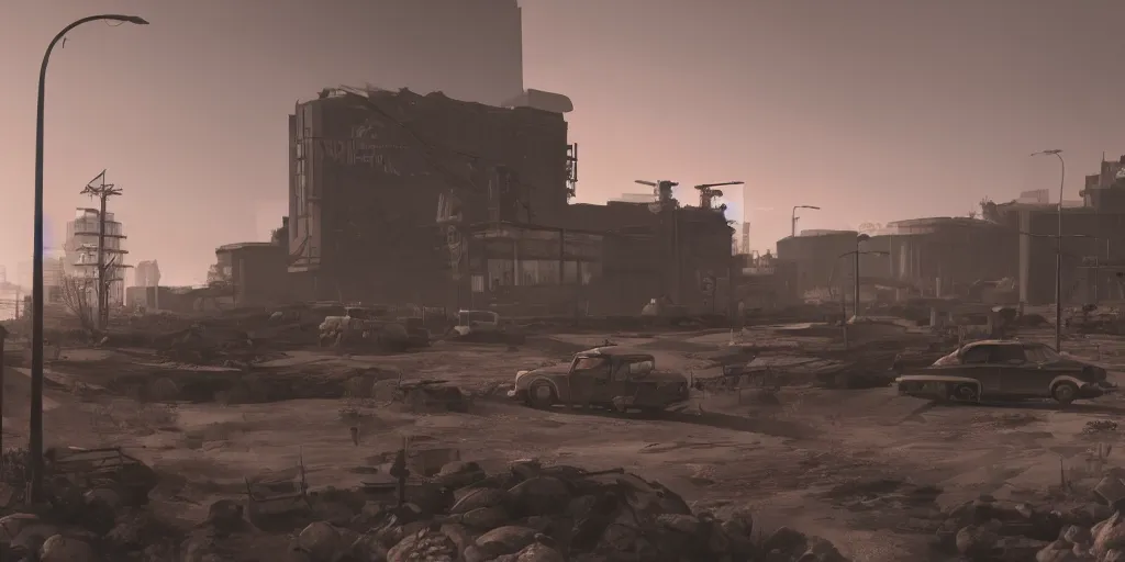 Image similar to fallout concept art neodeco render grim realistic lighting unreal engine 5