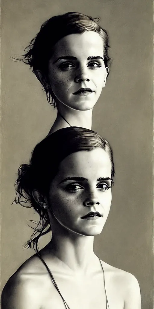 Image similar to emma watson coyly smiling detailed portrait painting by gaston bussiere craig mullins j. c. leyendecker photograph by richard avedon peter lindbergh annie leibovitz