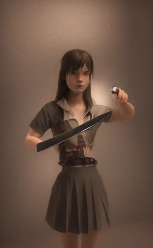 Image similar to school girl holding a knife, gloomy and foggy atmosphere, octane render, cgsociety, artstation trending, horror scene, highly detailded