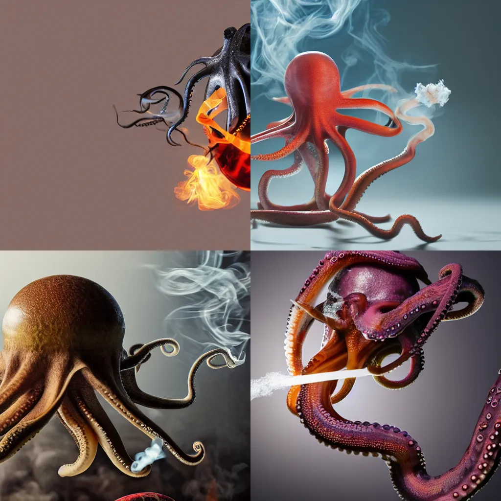 Prompt: an octopus exhaling smoke gravity bong rips, 4k, realistic lighting