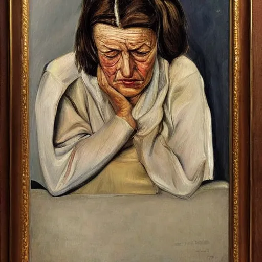 Image similar to Oil painting Portrait of a sad Woman, by Lucian Freud, Abstract brush strokes, Masterpiece