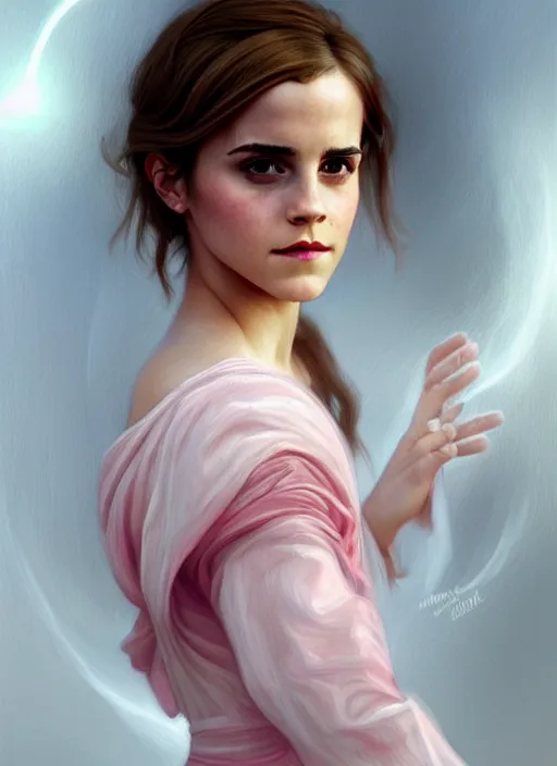 Image similar to emma watson as magic healer, long hair, white and pink cloth, shiny background, intricate, elegant, highly detailed, digital painting, artstation, concept art, smooth, sharp focus, illustration, artgerm, bouguereau